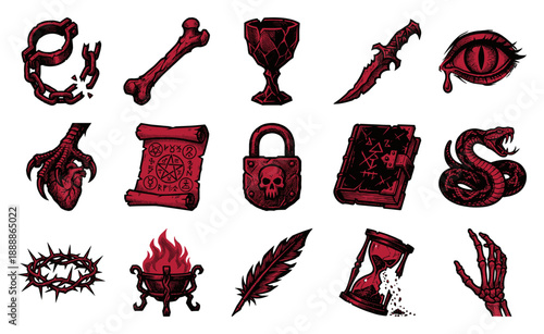 Dark Woodcut Occult Symbols Graphic Element Kit for Gothic Horror and Esoteric Alchemy Design
