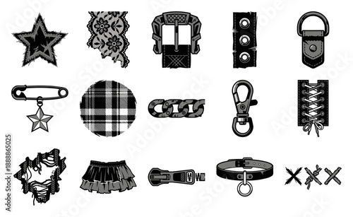 Grungy Punk Rock Fashion Elements and Edgy Streetwear Asset Sheet for Alt-Fashion Graphic Design