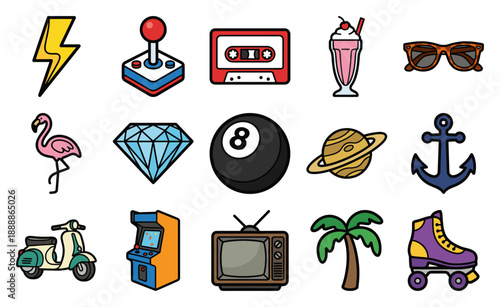 Bold Outline Retro Pop Culture Sticker Icon Set for 80s and 90s Themed Designs