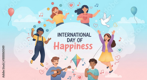 International day of happiness illustration with joyful people celebrating colorful balloons and a white dove in a blue and pink sky