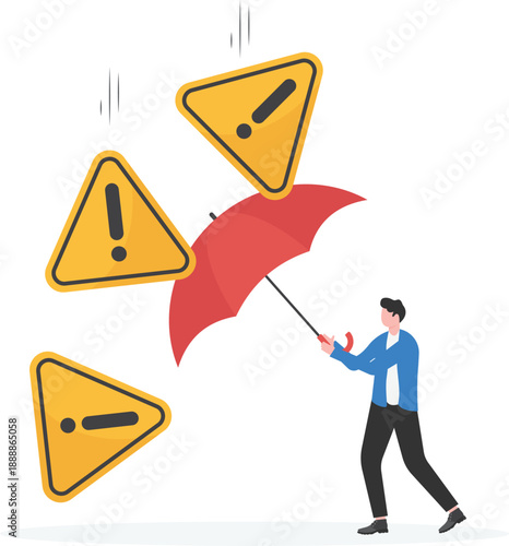 Risk Mitigation Strategy Concept with Professional Protecting Himself with Umbrella from Warning Signs