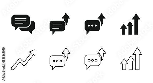 Black and white icons depicting communication growth and data analysis