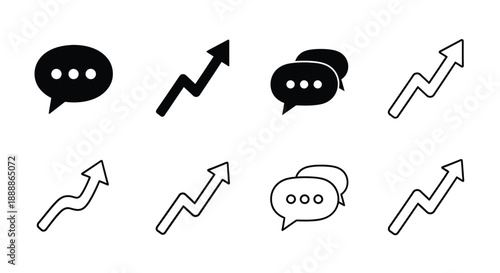 Black icons depicting speech bubbles and upward trending arrows