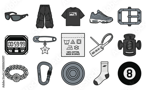 Urban Streetwear Essentials and Tactical Hardware Graphic Asset Sheet for Cyberpunk Aesthetic Design