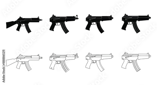 Line art illustration depicting various types of firearms in black and white