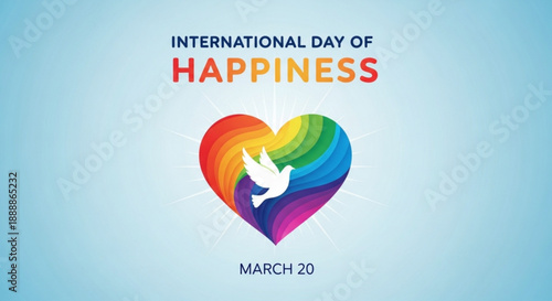 International day of happiness celebration with rainbow heart and white dove on blue background