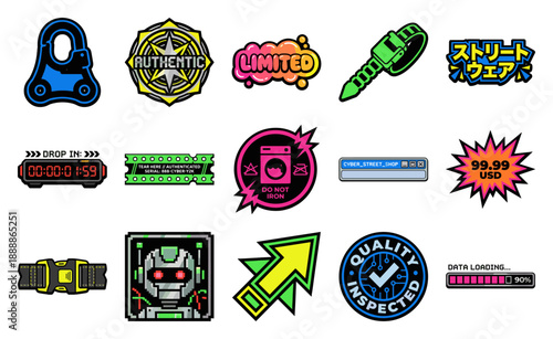 Cyberpunk Y2K Streetwear Graphics and Futuristic Hardware Badge Element Kit for Digital Apparel Design