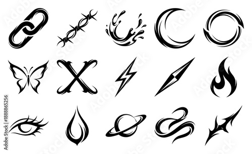 Cyber-Tribal Y2K Aesthetic Vector Graphic Element Kit for Neo-Modern Streetwear Branding and Tattoo Flash Design