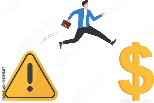 Opportunity Recognition Concept with Businessman Jumping Over Warning Signs Towards Money