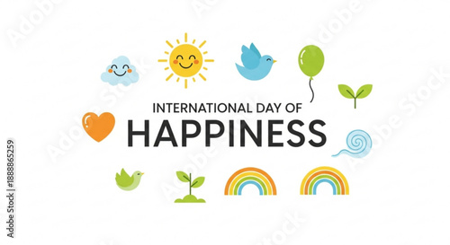International day of happiness icons with sun heart bird balloon and rainbow on white background