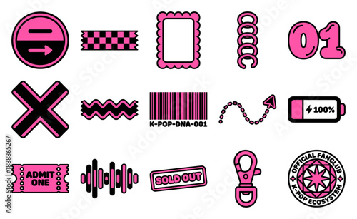 Pink and Black Graphic Asset Sheet of K-Pop Fandom Elements and Concert Culture Symbols