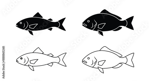 Four black and white fish illustrations in varying styles and outlines