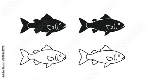 Four black and white fish icons in varying styles are displayed
