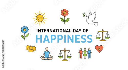 International day of happiness icons with flowers dove scales and heart on white background