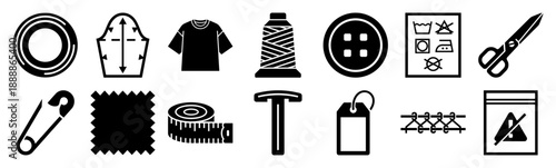 Solid Black Vector Sewing and Garment Care Icon Set for Textile Industry and Laundry Services