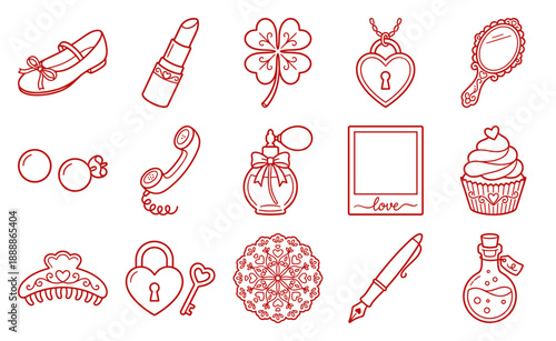 Coquette Aesthetic Girly Vintage Line Art Element Kit for Romantic Scrapbooking and Stationery Design