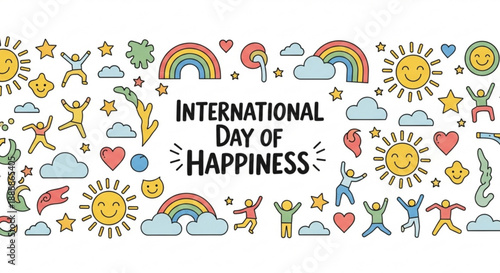 International day of happiness colorful illustration with joyful symbols and characters