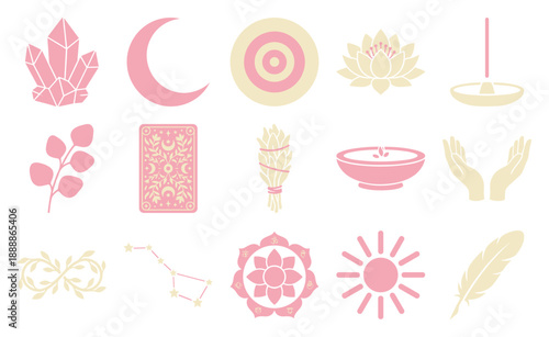 Minimalist Flat Vector Spiritual Wellness Icon Graphic Set for Holistic Branding and Mystical Scrapbooking