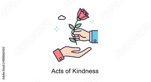 Hands exchanging a red rose symbolizing acts of kindness and generosity on a white background