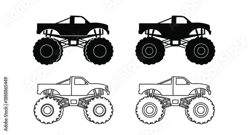 Four depictions of monster trucks some filled and some outlined