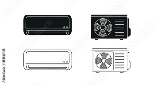 Four black outline illustrations of indoor and outdoor air conditioning units