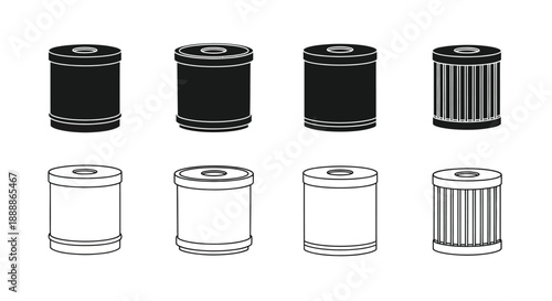 Black and white illustration of cylindrical objects in varying designs