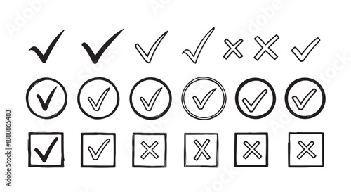 Collection of hand-drawn checkmark and cross icons in various styles representing choice approval and rejection for design projects