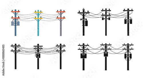 Illustration of various electrical power line pole designs and configurations