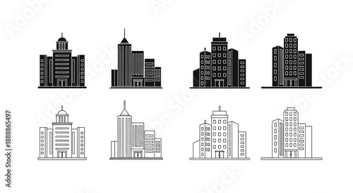 A collection of monochrome building silhouettes depicting a cityscape