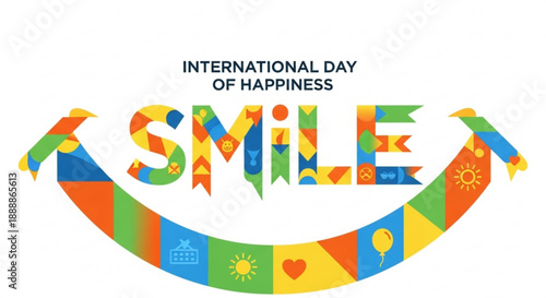 International day of happiness smiling face with colorful mosaic pattern on white background