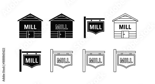 Collection of black and white mill building sign icons in various styles