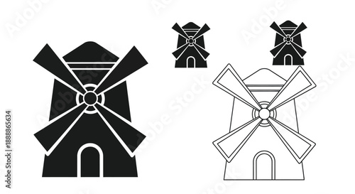 Stylized windmills in black and white showcasing different design variations