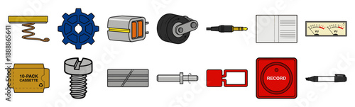 Isometric Technical Audio Recording Hardware Elements Kit for Analog Sound Engineering and Maintenance