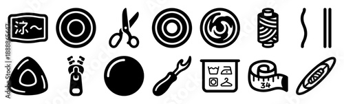 Minimalist Black and White Sewing Supplies Icon Set for Tailoring Craft and Textile Manufacturing Design