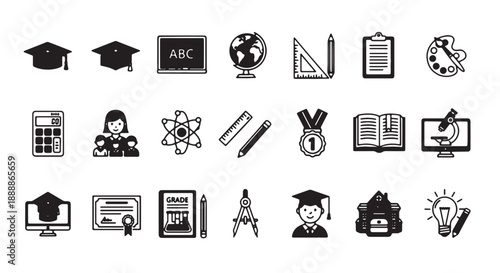 Collection of education and learning icons representing graduation science and art for academic concepts isolated on white background