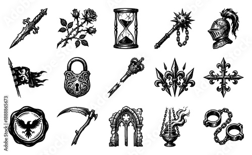 Vintage Woodcut Medieval Dark Fantasy Engraving Element Kit for Gothic Branding and Historical Storytelling