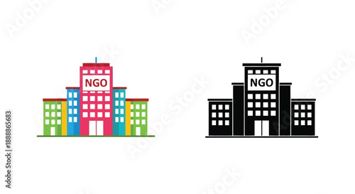 Two building icons representing non governmental organizations one in color and one monochrome