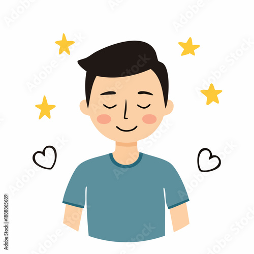 A content young person head bowed in quiet meditation with a peaceful expression accompanied by symbols of positive emotions and calm