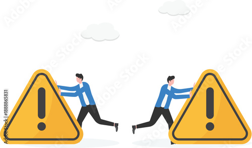 Collaborative Risk Management Concept with Professionals Pushing Large Warning Signs Together
