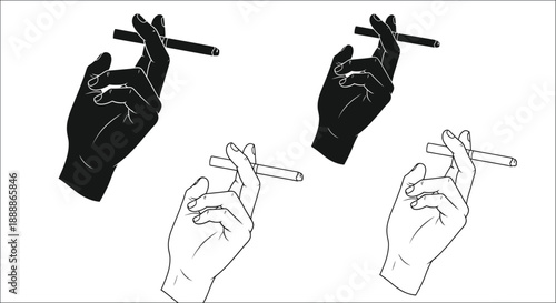 Four hands demonstrating different finger gun gestures in black and white