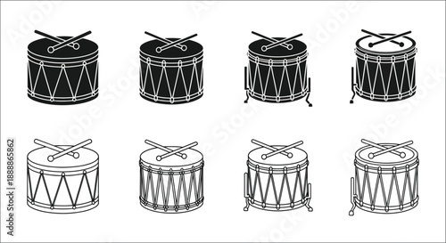 A collection of black and white drum illustrations in varying perspectives