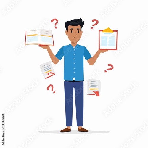 Concerned man with documents and clipboard showing signs of doubt weighing options facing questions in a study learning or problem solving situation