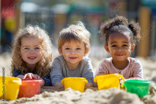 Three happy preschool children playing together with colorful sand buckets at the playground on a sunny day in a joyful outdoor activity