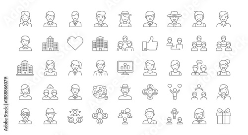 An array of diverse outline icons depicting people buildings objects and symbols in a minimalist style