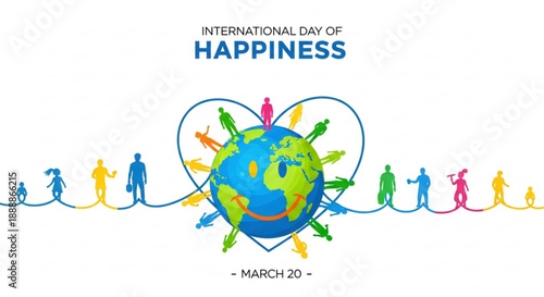International day of happiness illustration with people holding hands around the globe on march 20th