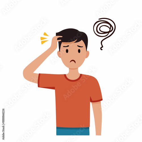 Concerned Young Man in Orange Shirt with Hand on Head and Question Mark Expression Illustrating Confusion and Uncertainty on a White Background