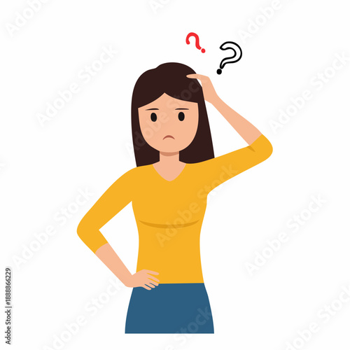 Woman scratching head with question marks considering choices pondering decisions looking unsure contemplating options facing dilemma choosing