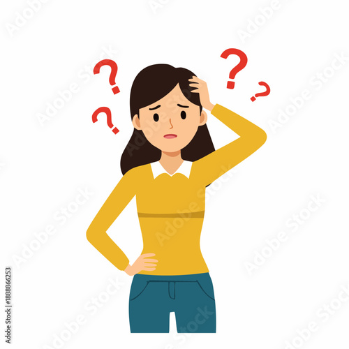 Concerned Young Person Pondering Problems With Visible Question Marks Above Her Head Expressing Confusion And Doubt With Her Hand