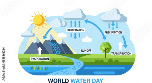Water cycle diagram with evaporation precipitation and transpiration on world water day
