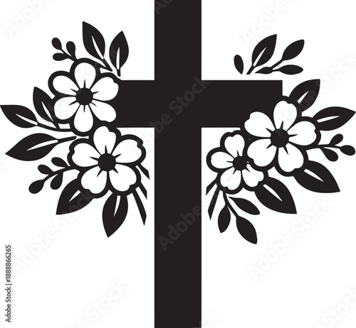 Religious cross with floral decoration in black silhouette